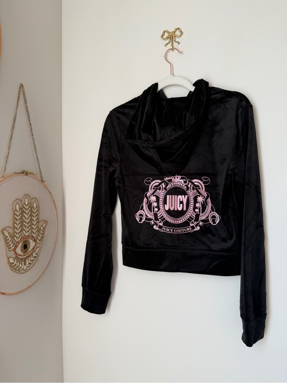Black Velour Zip-Up Hoodie with Pink Back Logo